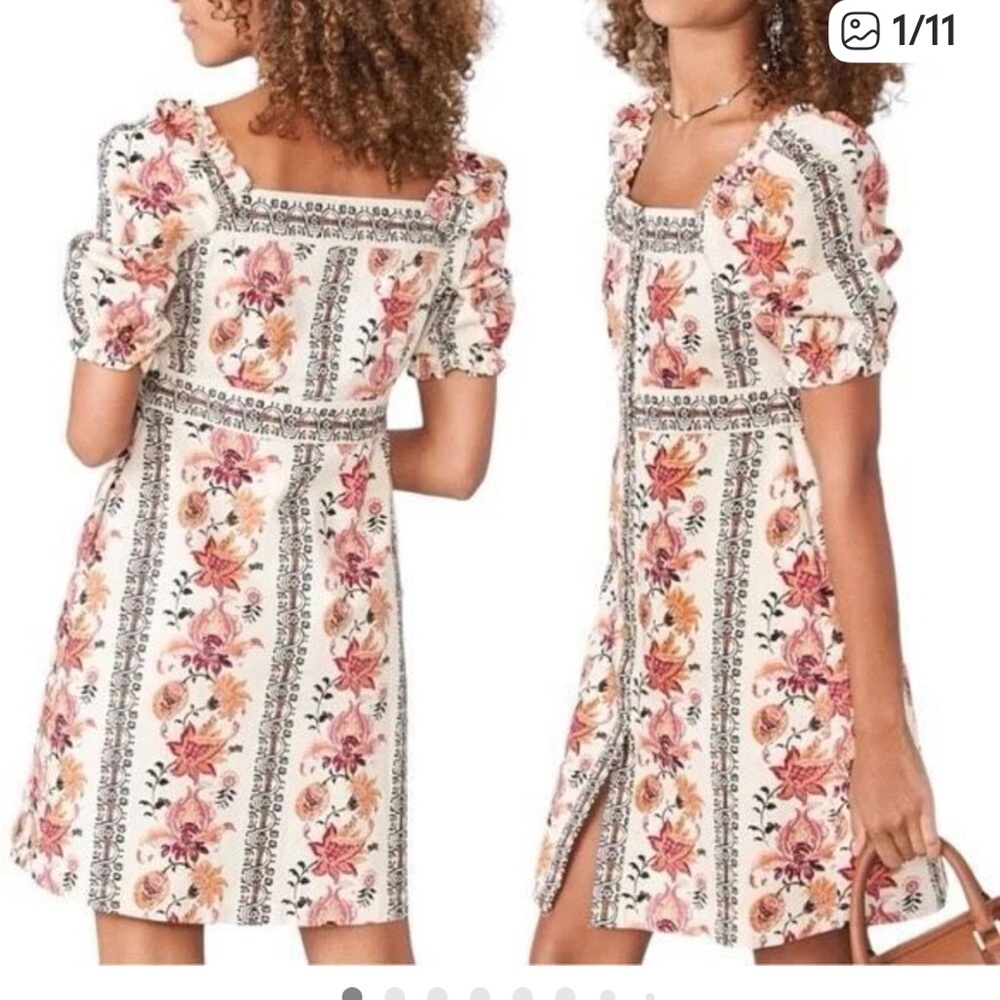 Spartina Catrina Denim Puff Sleeve Dress In Floral Thistle Stripe. Size Medium